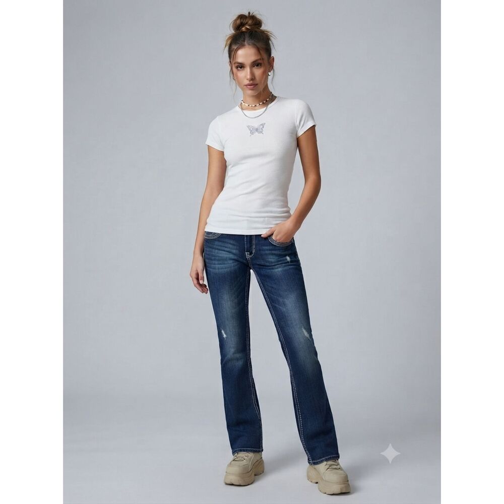 Vigoss Collection Bootcut Womens 7/8 29 Low Rise Dark Wash Distressed Y2K Denim